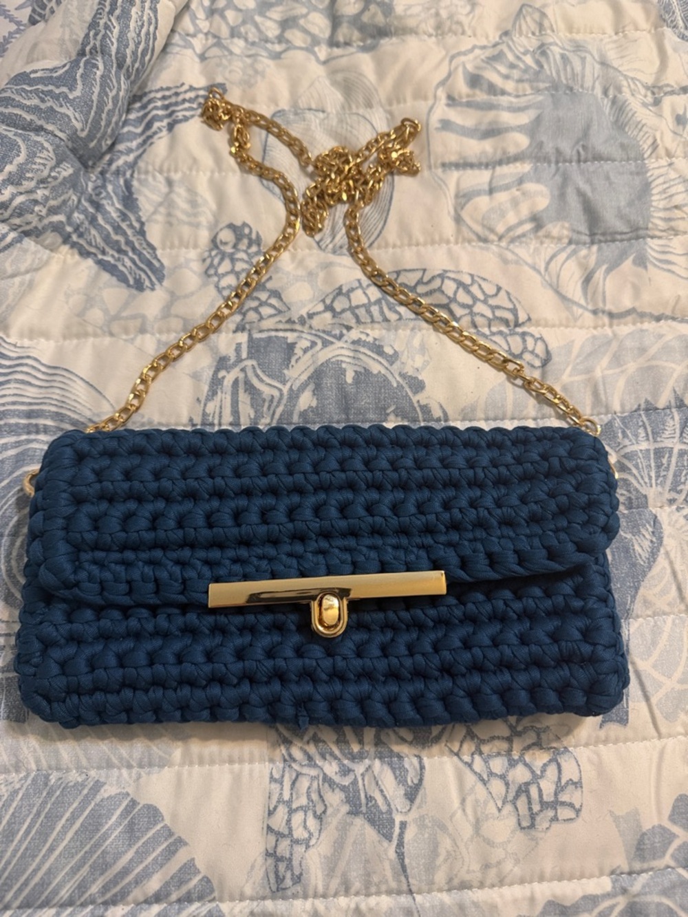 Handwoven Navy Crochet Chain Shoulder Bag with Gold Hardware